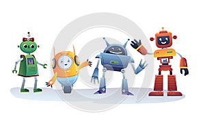 Set of smiling toy robots in cartoon flat style. Isolated hand drawn vector robots. Kids background. Character for boys