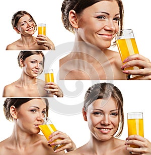 Set of smiling woman drinking orange juice