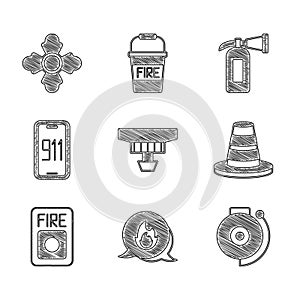 Set Smoke alarm system, Emergency call, Ringing bell, Traffic cone, Fire, Mobile emergency 911, extinguisher and