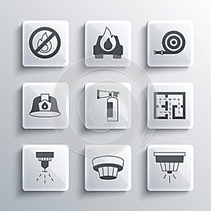 Set Smoke alarm system, Evacuation plan, Fire extinguisher, sprinkler, Firefighter helmet, No fire and hose reel icon