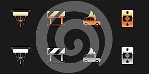 Set Smoke alarm system, Road barrier, Burning car and Fire icon. Vector