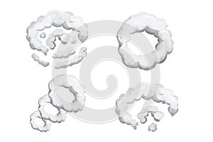 Set smoke dust explosion in cartoon style isolated on white background. Collection frame, game asset. Abstract gray