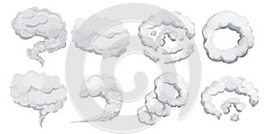 Set smoke dust explosion in cartoon style isolated on white background. Collection frame, game asset. Abstract gray