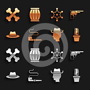 Set Smoking pipe, Revolver gun, Cactus peyote pot, Cowboy, Western cowboy hat, Hexagram sheriff, Crossed human bones and