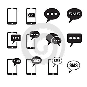 Set of SMS icons, SMS message in smartphone icon. SMS message icon in flat style isolated on white background. Sms symbol in phone