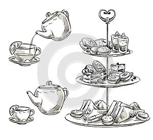 Set of snacks on a tray. Teatime. Vector sketch.