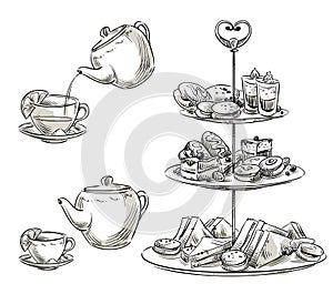 Set of snacks on a tray. Teatime. Vector sketch. photo