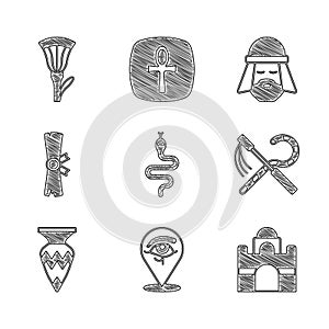 Set Snake, Eye of Horus, Egyptian house, Crook and flail, vase, Papyrus scroll, man and lotus icon. Vector