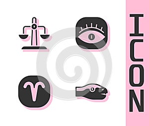 Set Snake, Libra zodiac, Aries and Masons icon. Vector