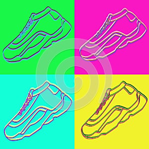 Set of sneakers vector Icon. Bright Neon Linear shoes on pink green blue and yellow Background