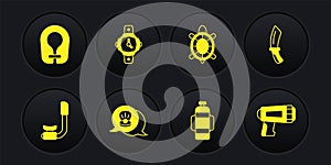Set Snorkel, Diving knife, Scallop sea shell, Aqualung, Turtle, watch, Flashlight for diver and Life jacket icon. Vector