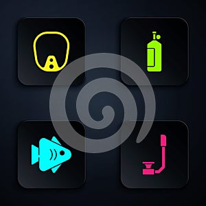 Set Snorkel, Diving mask, Fish and Aqualung. Black square button. Vector