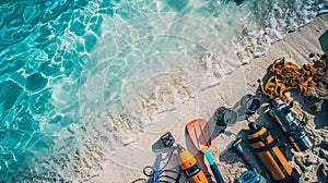 Set of snorkeling gear laid out on a white sandy beach