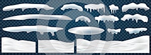 Set of snow caps, pile, icicles, ice, snowball and snowdrift isolated on transparent background. 3d Winter decorations, Christmas