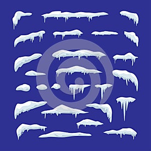 Set of snow caps, snowballs, icicles and snow drifts vector illustration.