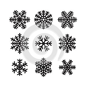 Set of snow flakes icons. Winter or frozen symbol. Christmas or New year decoration. Black and white vector snowflakes