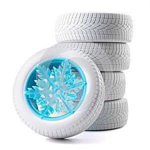 Set of snow white car tires and wheel in the form of snowflakes isolated on white background. 3d