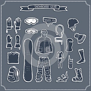 Set of snowboard clothing and kit silhouettes.