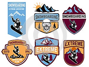 Set of snowboarding emblems. Design element for logo, label, emblem, sign.