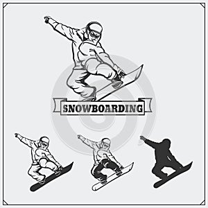 Set of Snowboarding extreme labels, emblems, badges and design elements.