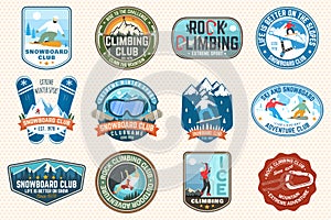 Set of Snowboarding and Rock Climbing club patches. Vector. Concept for patch, shirt, print, stamp. Vintage typography