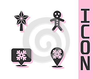 Set Snowflake, Christmas star, speech bubble and Holiday gingerbread man cookie icon. Vector
