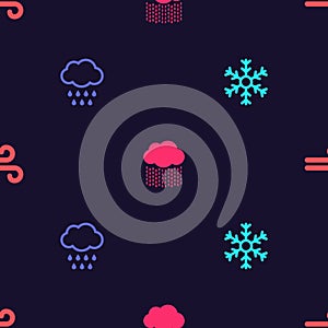 Set Snowflake, Cloud with rain, and Wind on seamless pattern. Vector
