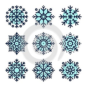 Set of snowflake icons isolated on white background. Snow icons silhouette, winter, New year and Christmas decoration elements.