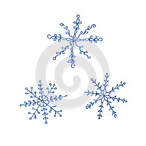 Set of Snowflake isolated on white background. Line art, doodle, sketch, hand drawn. Xmas New Year winter elements of design and