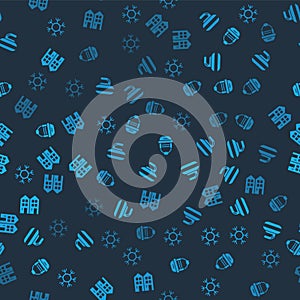 Set Snowflake, Stone for curling, Hockey helmet and House on seamless pattern. Vector