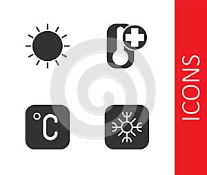 Set Snowflake, Sun, Celsius and Thermometer icon. Vector