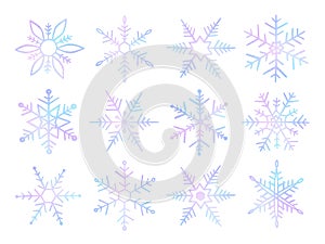 Set snowflakes hand drawn. Cute neon snow isolated on white background. Collection drawing ice crystal for design winter print