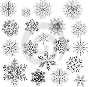 Set of snowflakes on a white background. Winter collection of vector illustrations