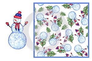 Set - Snowman in a hat and scarf on a white background and a seamless pattern with a green Christmas tree and a snowman.