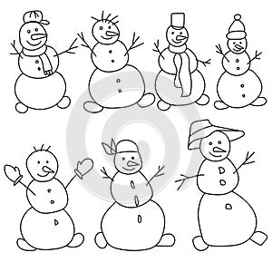 Set of snowmen in different headdresses, coloring page with cute winter characters