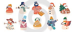 Set of Snowmen Winter Characters, Funny New Year and Christmas Personages Drinking Cocoa, Singing, Holding Gift Box