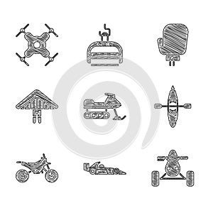 Set Snowmobile, Formula 1 racing car, ATV motorcycle, Kayak canoe, Mountain bike, Hang glider, Boxing glove and Drone