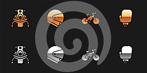 Set Snowmobile, Helmet, Bicycle and Boxing glove icon. Vector