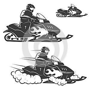 Set of snowmobile illustrations with driver isolated on white