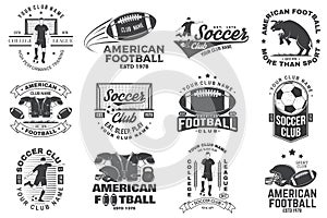 Set of soccer and american football or rugby club badge. Vector. Vintage design with soccer, football player, bull