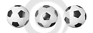 Set of soccer ball or football with different view on white isolated background . Simple design . Sports equipment concept . 3D