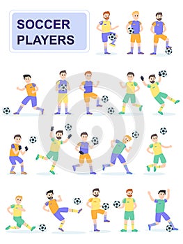 Set of soccer ball player with different pose. Men play a ball beating him and scoring goals.