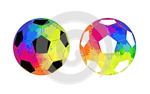 Set of soccer ball with watercolor rainbow background.