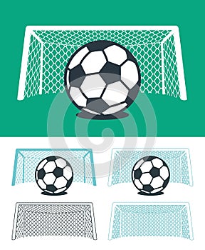 Set of soccer balls with nets and goal posts