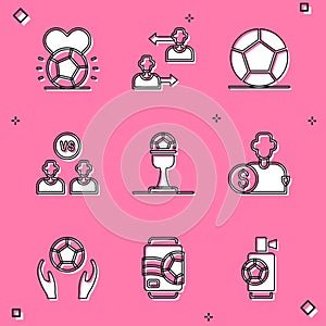 Set Soccer football ball, Substitution player, Football or soccer, Award cup and, Buy, and Beer can icon. Vector