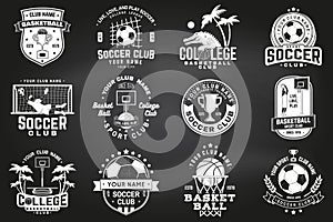 Set of soccer, football and basketball club badge on chalkboard. Vector. Concept for shirt, print, stamp or tee. Vintage