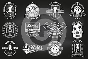 Set of soccer, football and basketball club badge on chalkboard. Vector. Concept for shirt, print, stamp or tee. Vintage