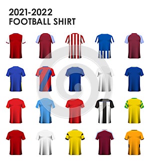 Set of soccer jersey or football kit template for English football club. 2021 -2022 Football shirt mockup. Soccer jersey icon.