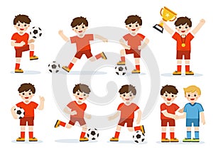 Set of Soccer kid with different pose. Player celebrating with a trophy after match on soccer field. Happy Boy is playing football