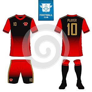 Set of soccer kit or football jersey template for football club. Flat football logo on blue label.